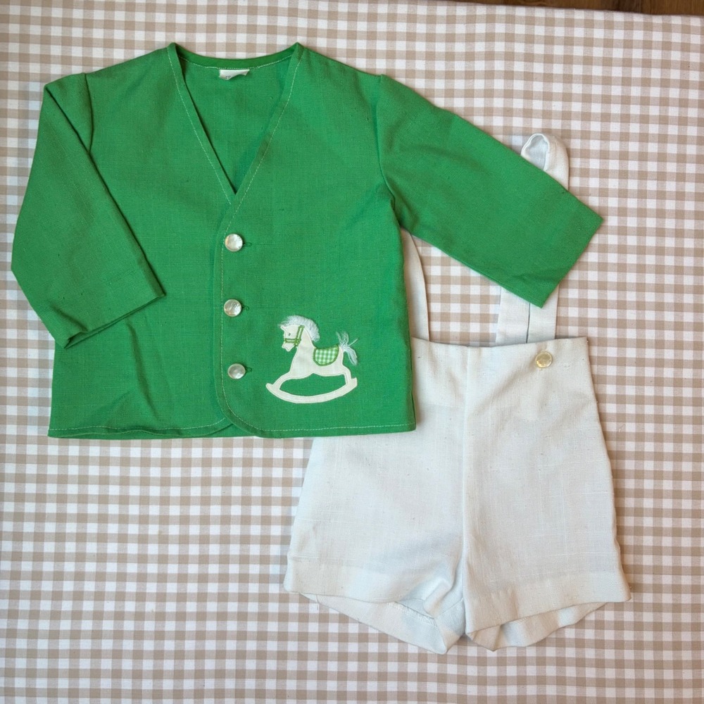 Vintage 12M Primitive Linen Two Piece Set / Preppy Rocking horse Design